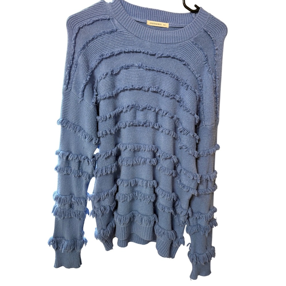 ANDTHEWHY Blue Fringe Knit Sweater Womens Medium Large Boho Tiered Pullover